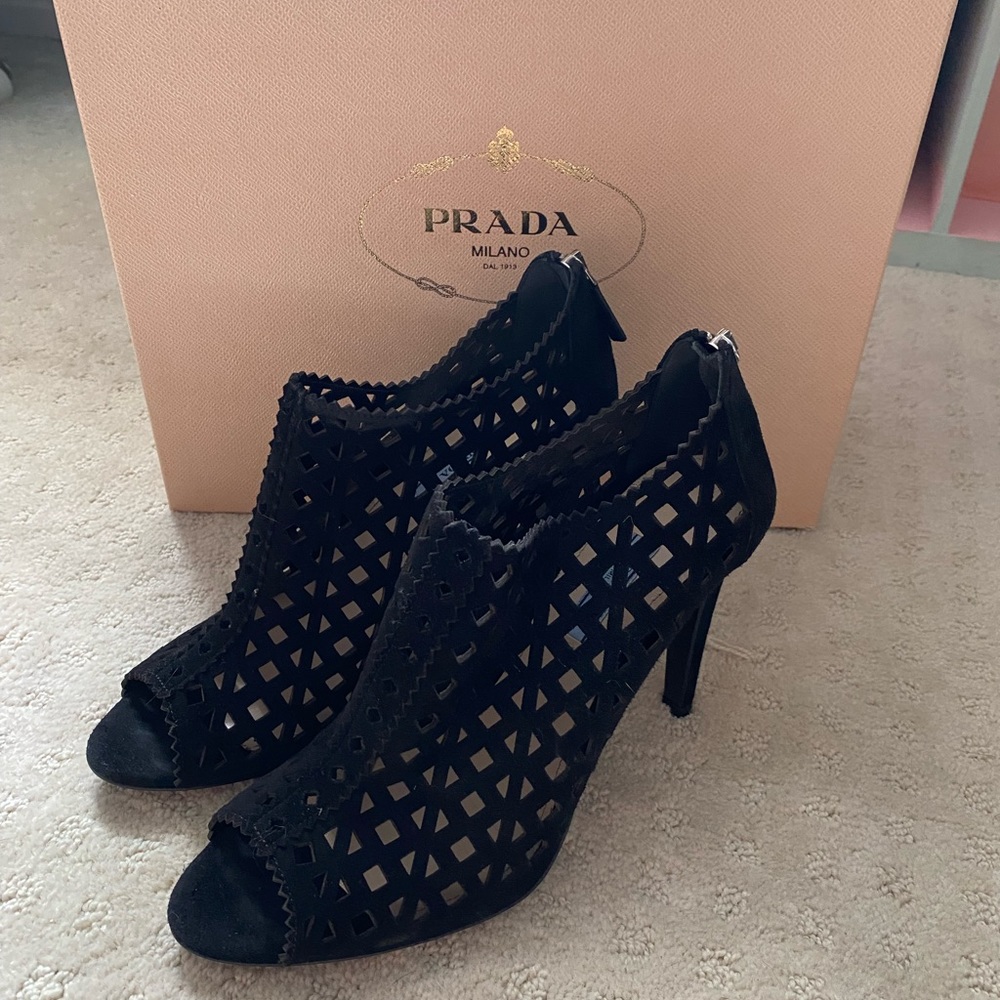 Prada Black Laser Cut Peep Toe Suede Bootie